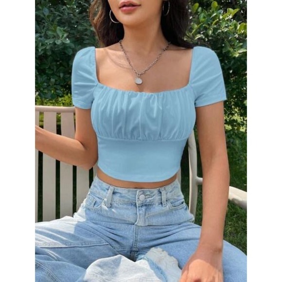 Shein Curve 1X Crop Top Square Neck Short Sleeve‎ Ruched Blouse Shirt - Picture 1 of 5